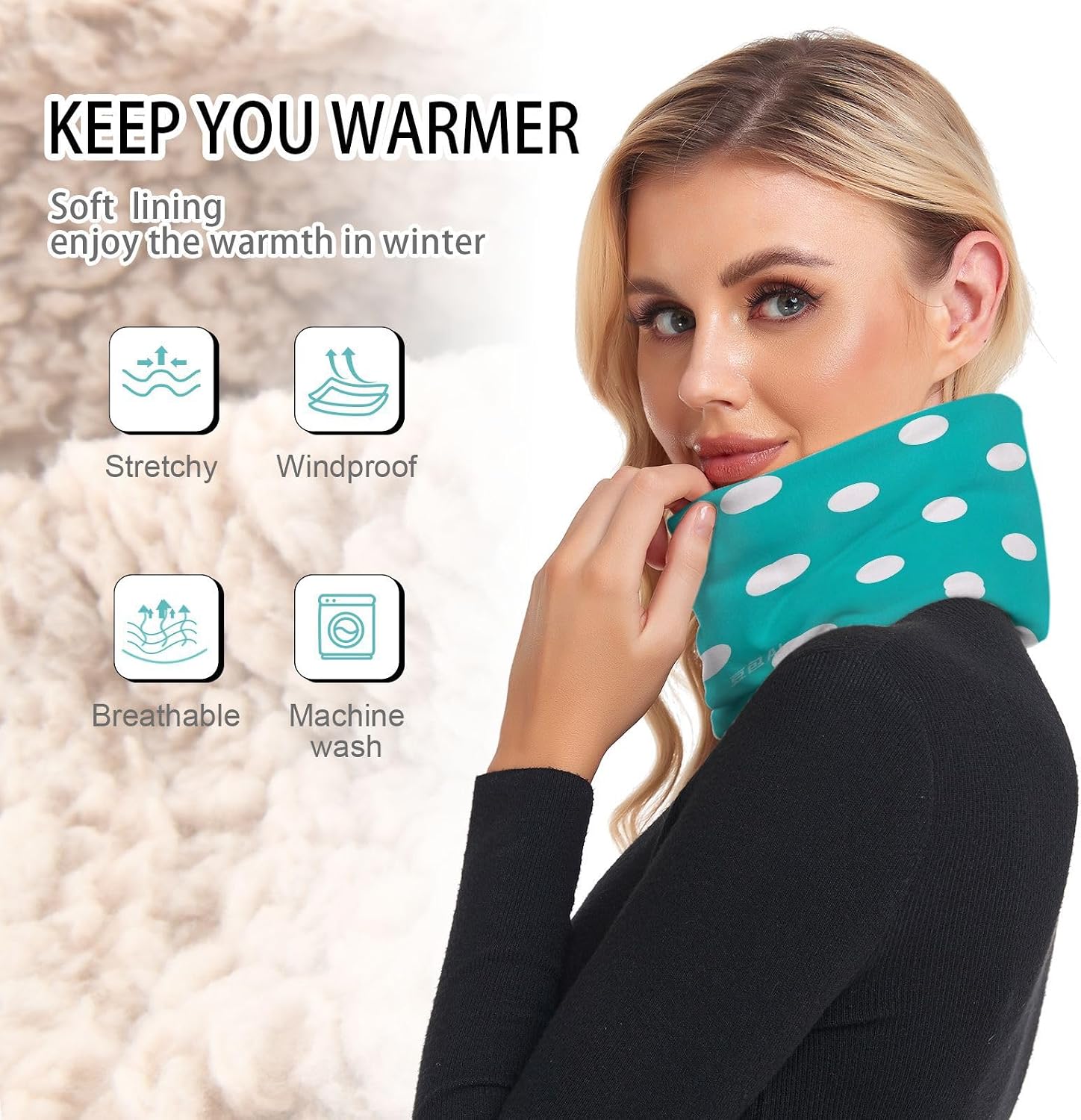 Cartoon Dot Teal Winter Neck Warmer for Cold Weather Running Neck Gaiter Ski Tube Scarf Thermal Thick Warm Fleece Lined for Men & Women