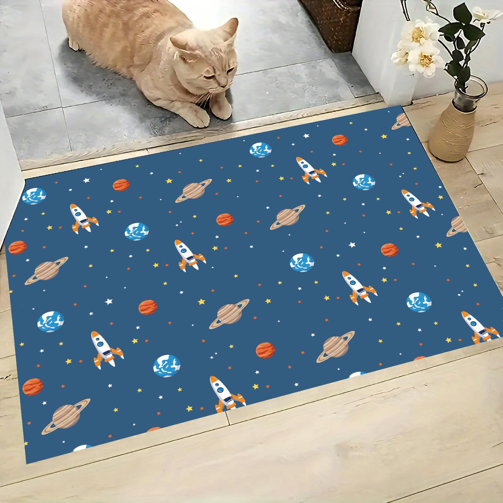 Felpudo de Bienvenida con Cohetes, Tierra, 80x120cm Felpudo Entrada Casa Planeta Espacial Antideslizante Alfombra Pasillo de Perfil Bajo para Debajo de la Puerta, Azul