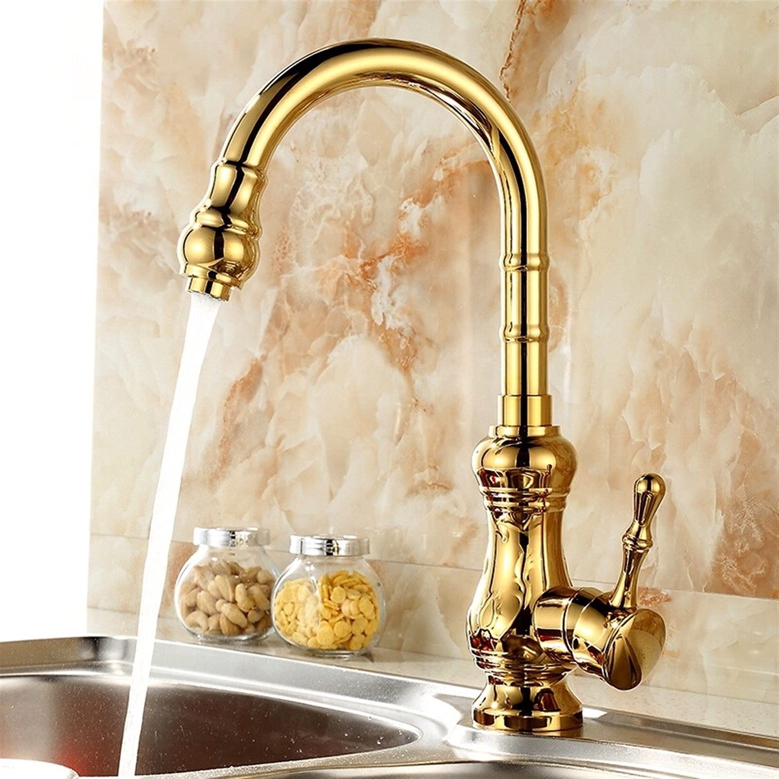 OUUED Stainless Kitchen Sink Faucet Luxury European Gold Solid Brass Lavatory Hot Cold Water Tap 360° Rotatable Full Copper Antique Basin Mixer Single Hole High Spout Bathroom Washbasin Arc One-handle