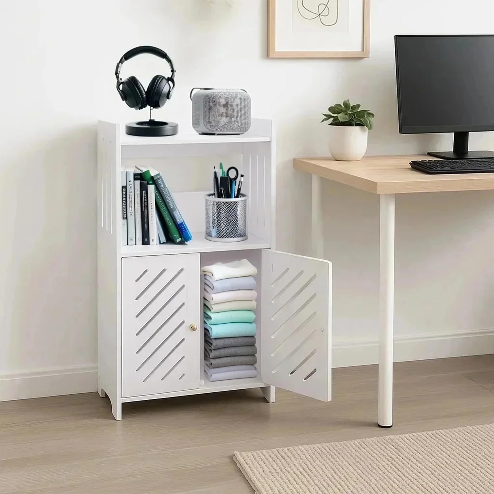 powerking Armadietto portaoggetti da bagno a 3 livelli, organizer indipendente con ante e ripiani, piccolo armadietto bianco da pavimento per bagno, WC, ufficio, soggiorno, cucina, corridoio, piccolo
