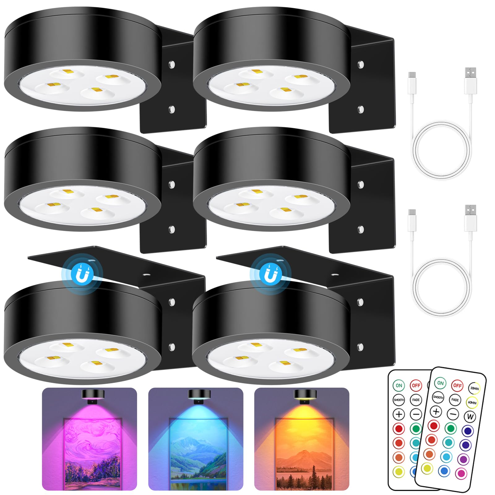 SIXDEFLY 13 RGB Color Changing Led Art Display Light for Picture Frame,Rechargeable Battery Operated Led Painting Light with Remote Control Dimmable & Timer,6Pack Black