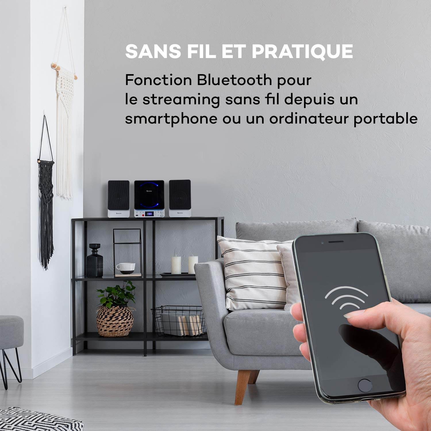 AUNA Microstar Sing - chaîne karaoké Verticale Micro système, Lecteur CD, Bluetooth, Enceintes stéréo, Port USB, Tuner FM, entrée/Sortie vidéo AUX, écran LCD, éclairage LED - Argent
