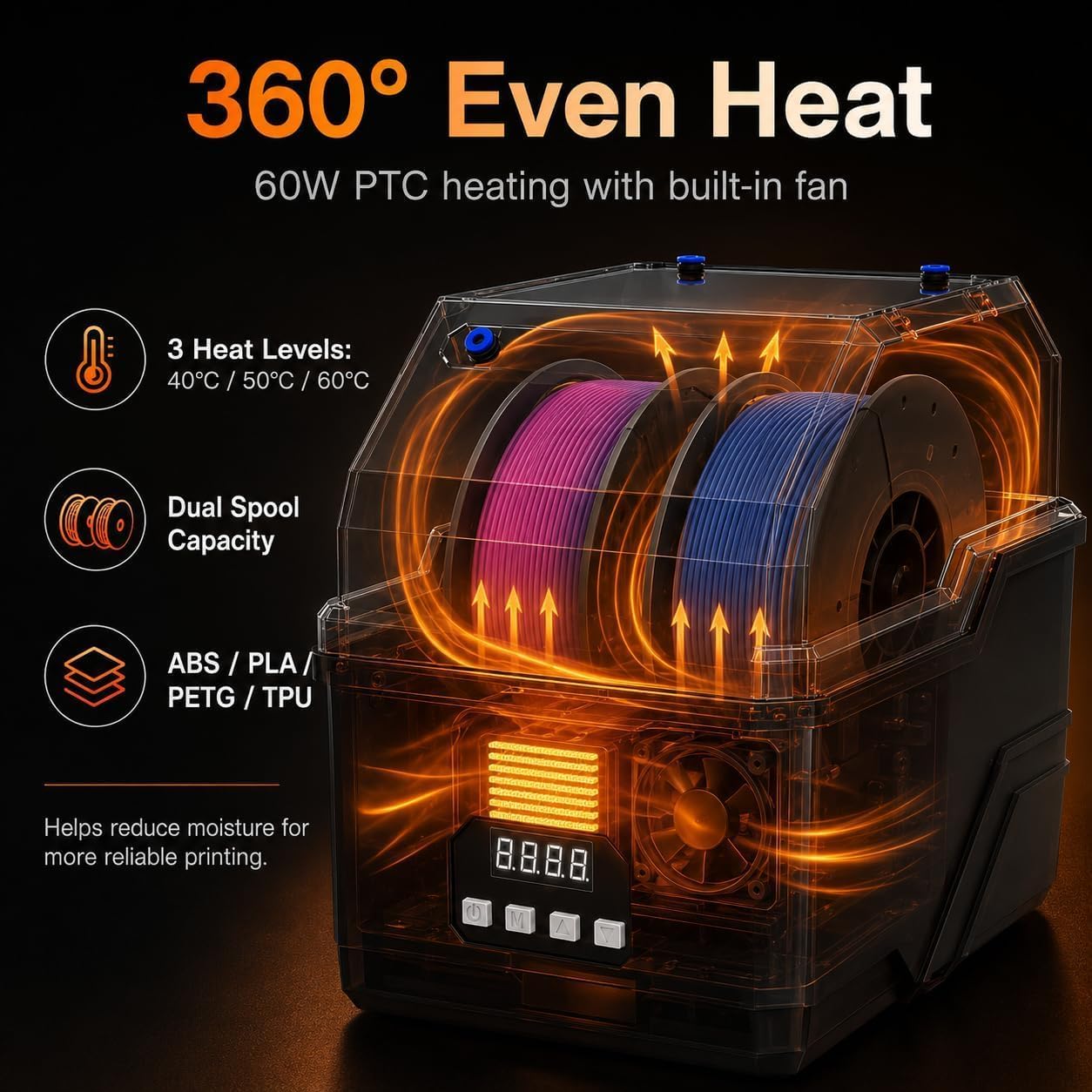 Caja secadora de filamento para impresora 3D, bobina doble, calefacción de 60 °C