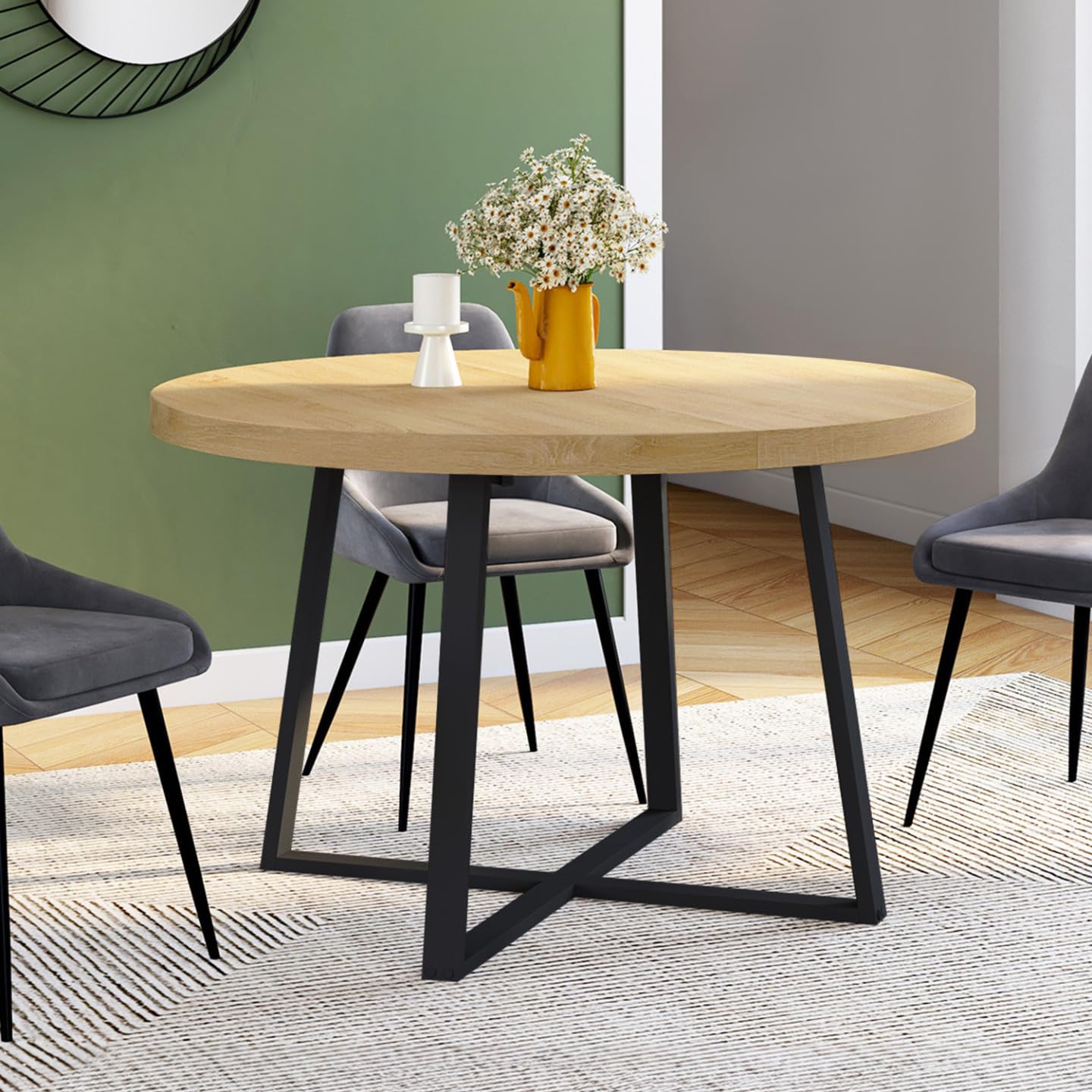 IDMarket - Ausziehbarer runder Esstisch Selma 4-8 Personen Holz und Schwarz 110-150 cm