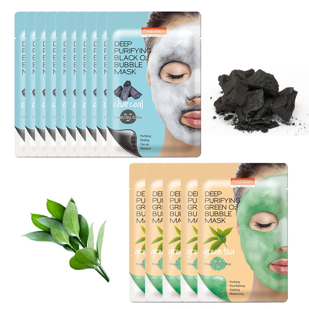 Purederm Deep Purifying O2 Bubble Mask Charcoal & Green tea (15 Pack)