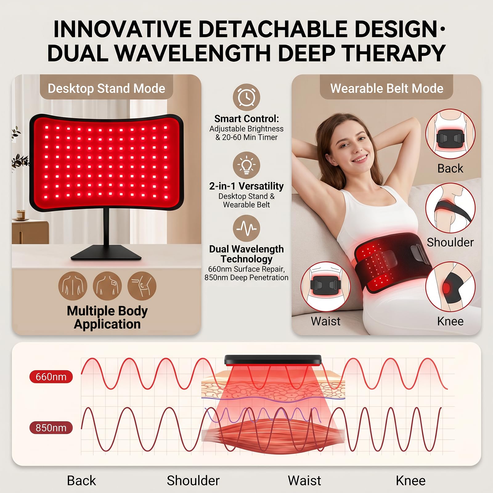 Terapia della luce rossa per viso e corpo, pannello 2 in 1 con cinghia, lampada per terapia a infrarossi vicini da 660 nm e 850 nm, con telecomando, 5 livelli di luminosità e timer, regalo per donne e