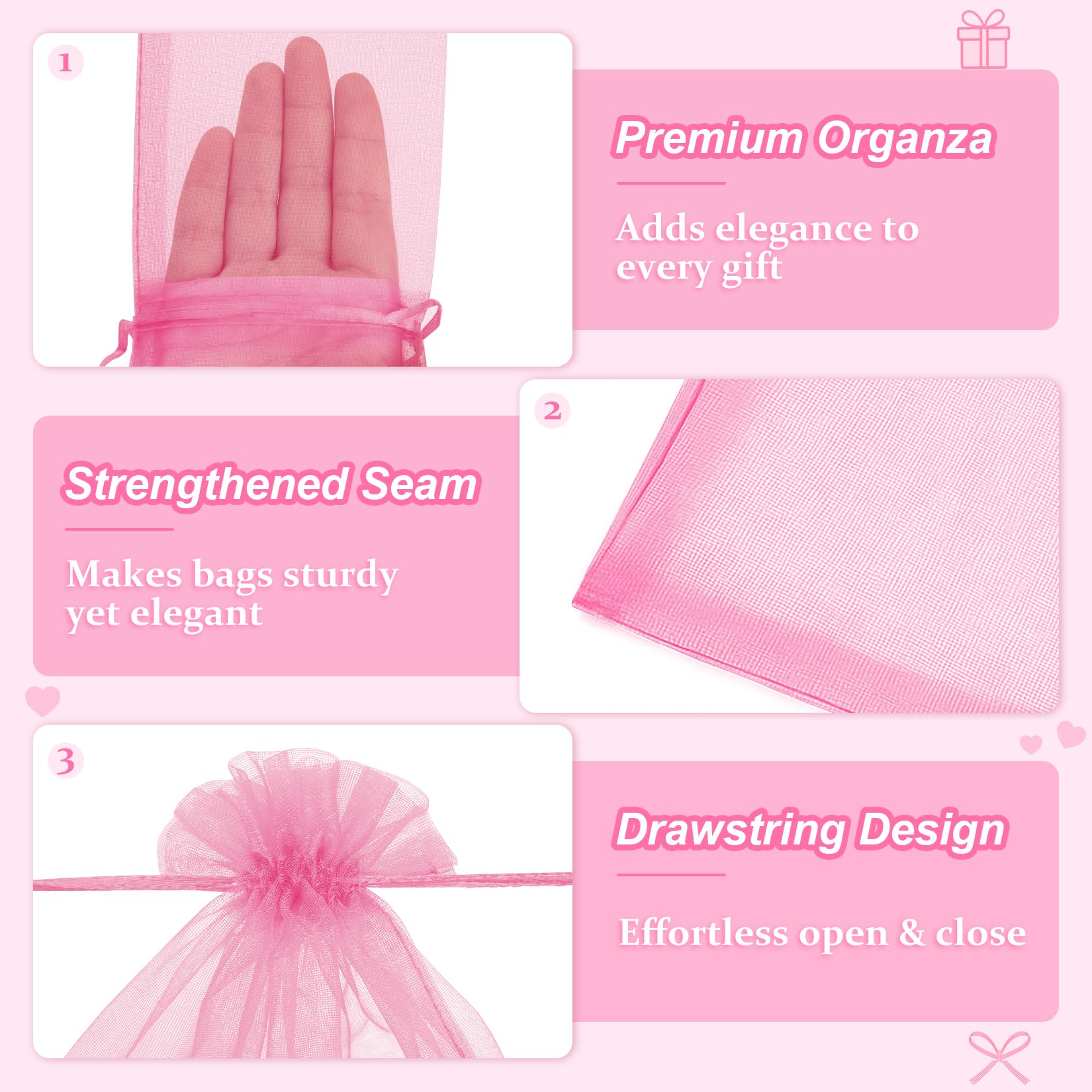 Crweety 50 Pcs Pink Organza Bags 6x9 Inch, Premium Mesh Gift Bags for Wedding Baby Shower Party Favors, Small Mesh Bags Drawtring for Candy Jewelry Christmas, Cute Sachet Bags for Mothers Day Gifts