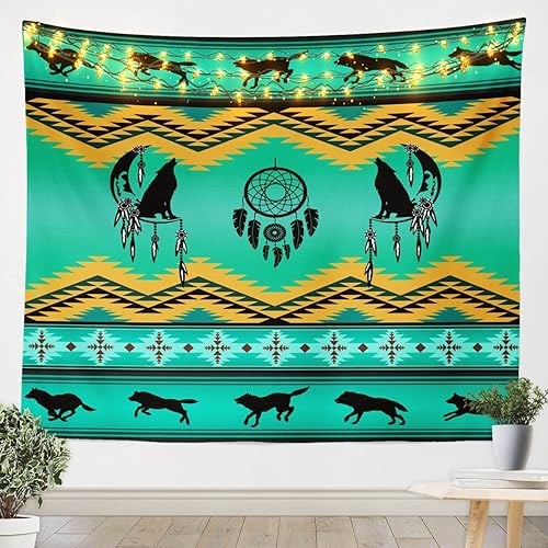 Miniatura 1 de Tapices de lobo grandes de 59 x 82 pulgadas, atrapasueños de luna, arte para colgar en la pared, arte de pared con flechas tribales nativas del