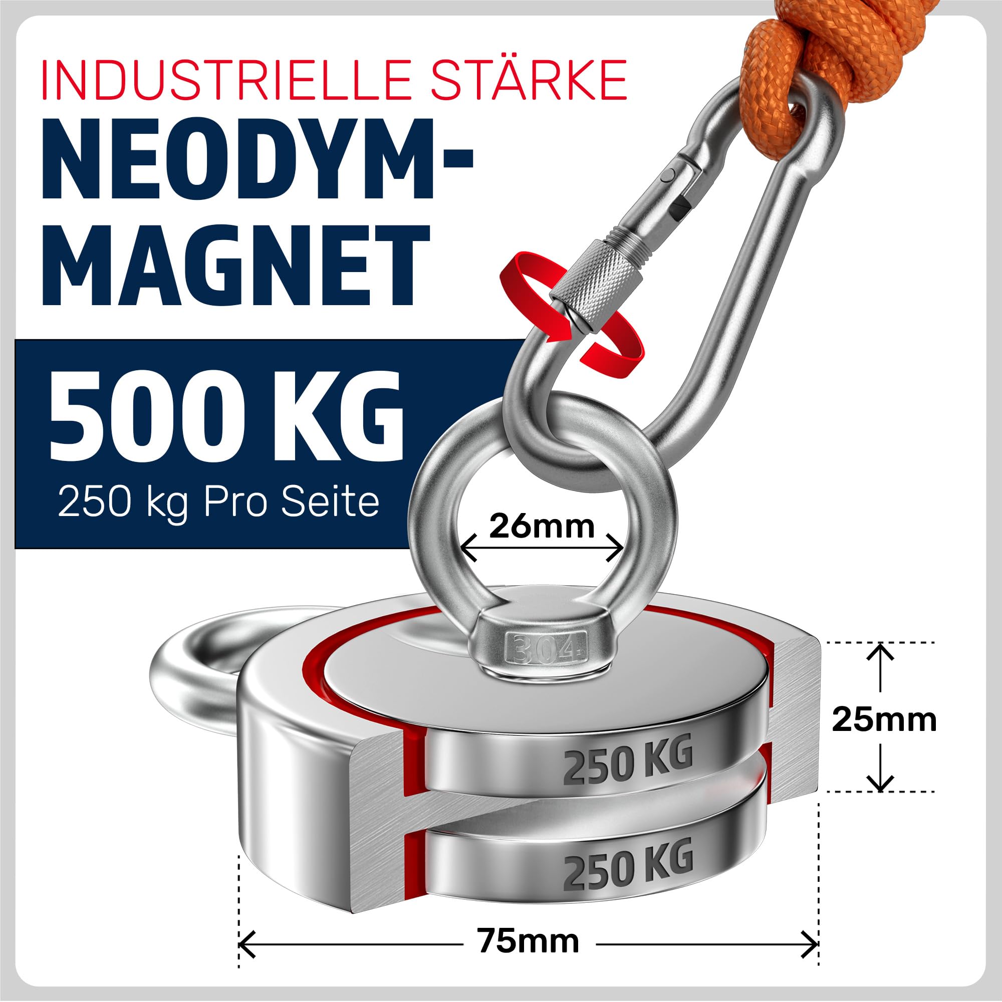 MAGFISHION Magnetfischen Set - 500 KG (2 x 250kg) - Ø75mm - Neodym Magnet mit Seil (20M) & Handschuhe - Magnet Fischen Angel - Ösenmagnet - Fishing Magnetangel - Magnetangeln Set