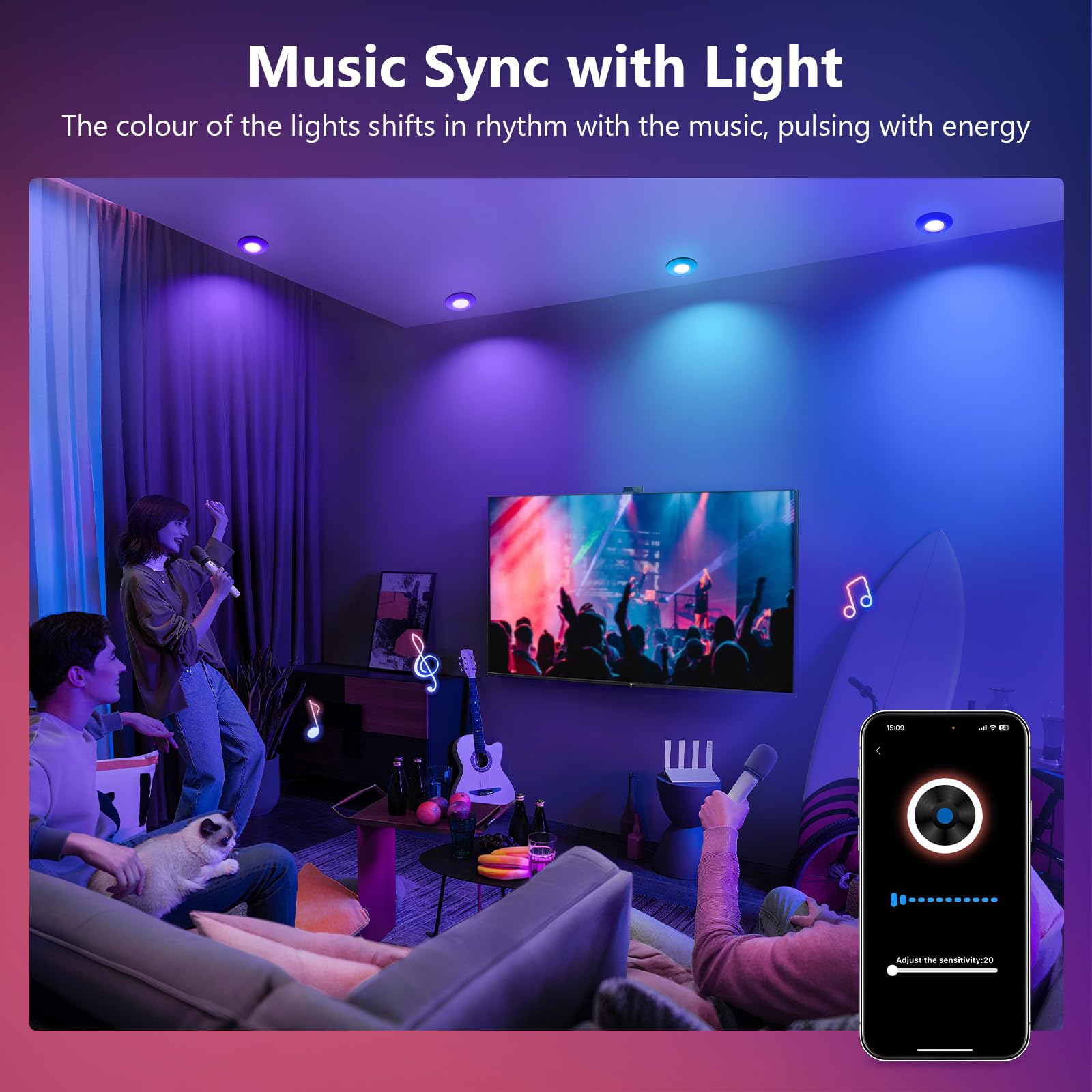 GeyouLux Spots Encastrables LED RGB, Spots LED Intelligents 230V 2700K-6500K Dimmables avec Application et Télécommande, 68-80mm 5W IP44 Ultraplats, Orientables à 45°Blancs pour Salon, 6 Pièces