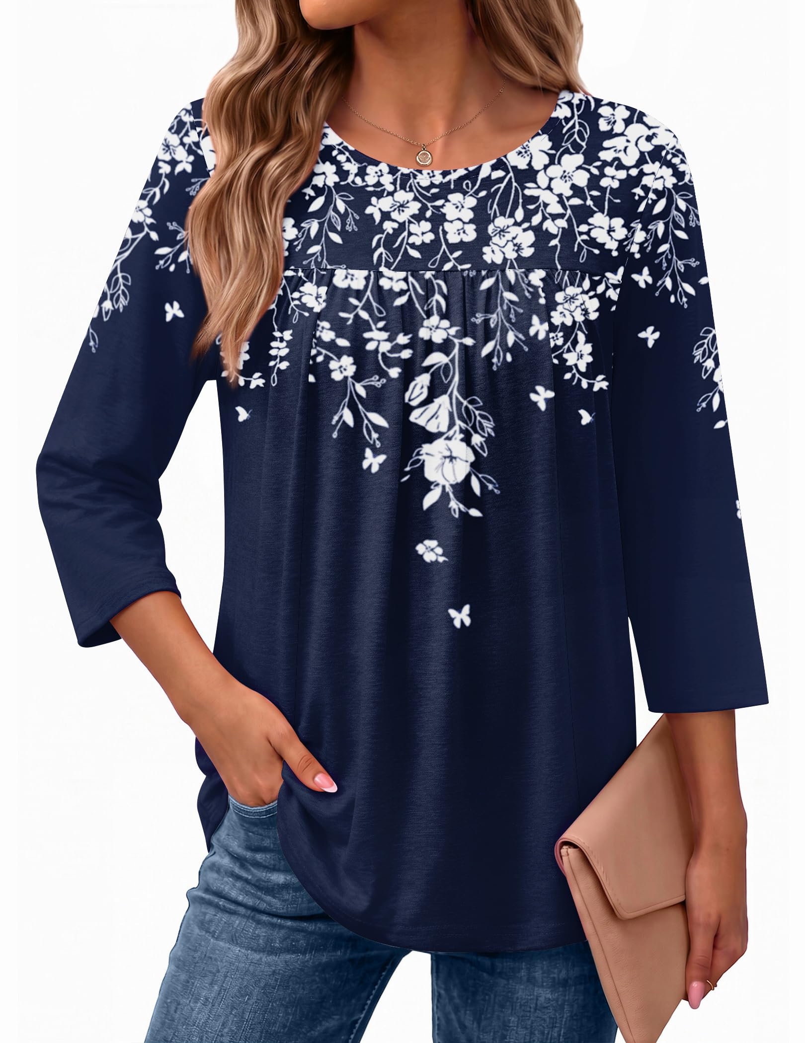 Ekouaer Womens 3/4 Length Sleeve Tops Boho Blouses Casual Pleated Shirts