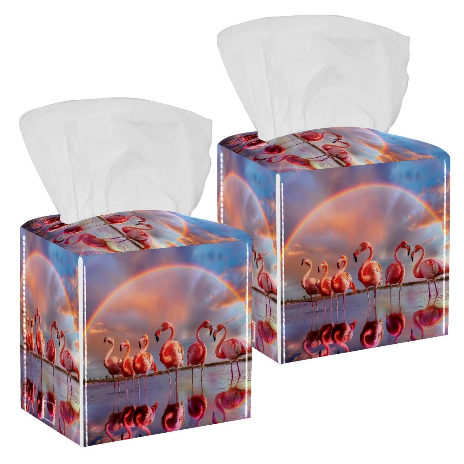 Flamingos and Rainbow Tissue Box Cover, 2 Pack PU Leather Square Facial Tissue Dispenser Box holder for Home Office Car