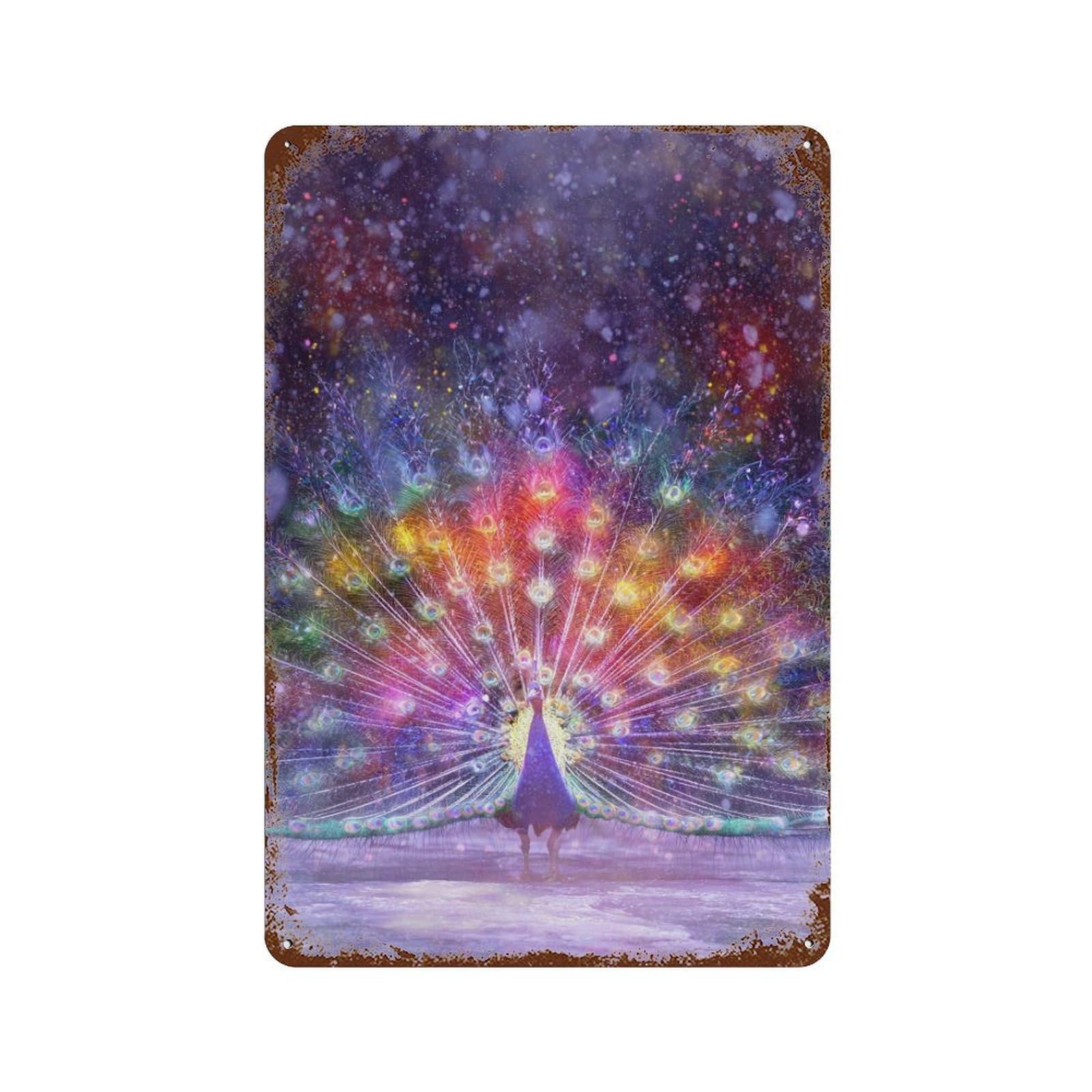 Colorful Peacock Displaying Feathers Rusty Metal Tin Sign 11.8"x7.9", Shabby Chic Decor for Garage, Bar And Workshop Decor