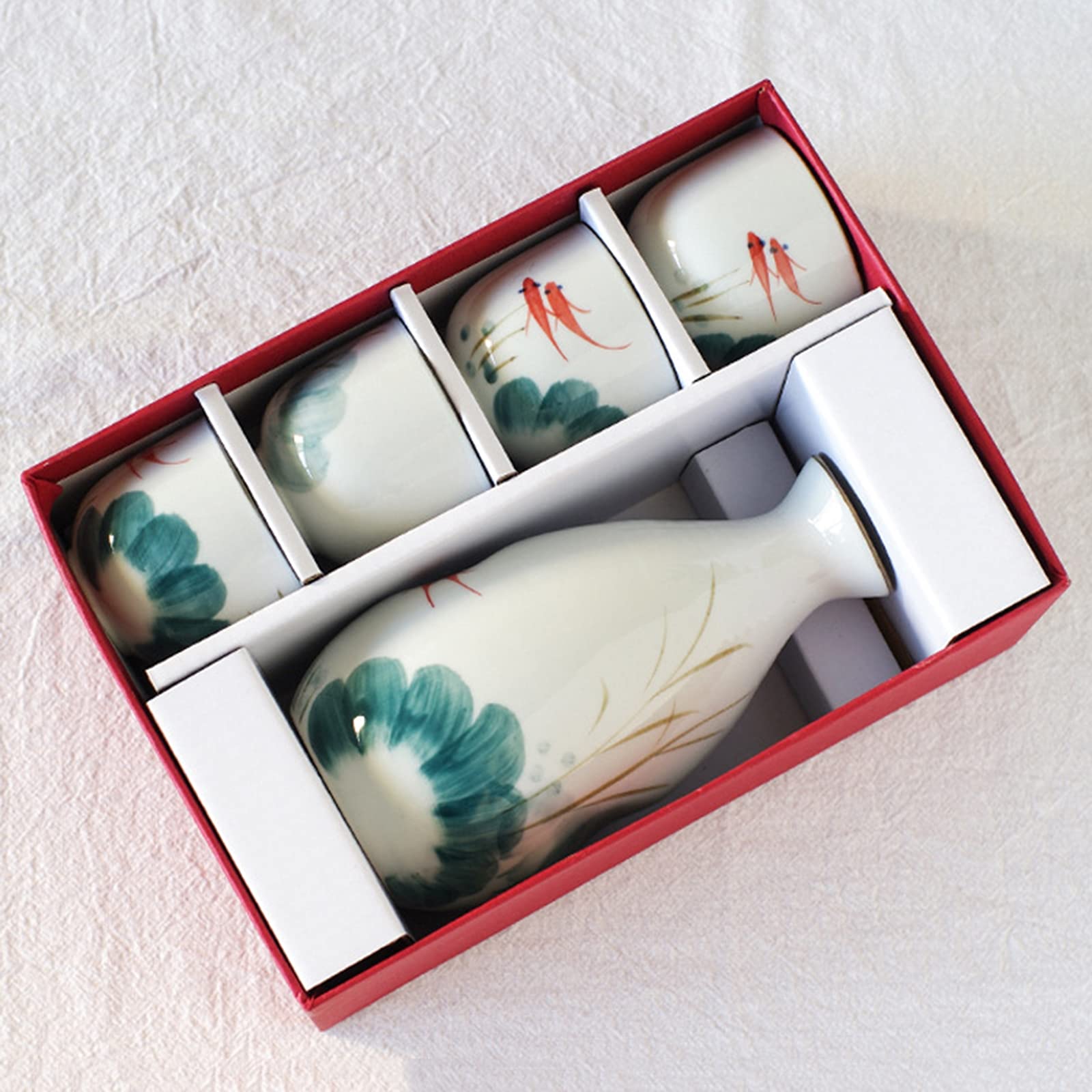 Ensemble de saké, Ensemble de Tasses à saké Japonais Traditionnel, Peint à la Main, Tasses en céramique, Verres à vin Faits à la Main, Ensemble de 5, Poisson Rouge