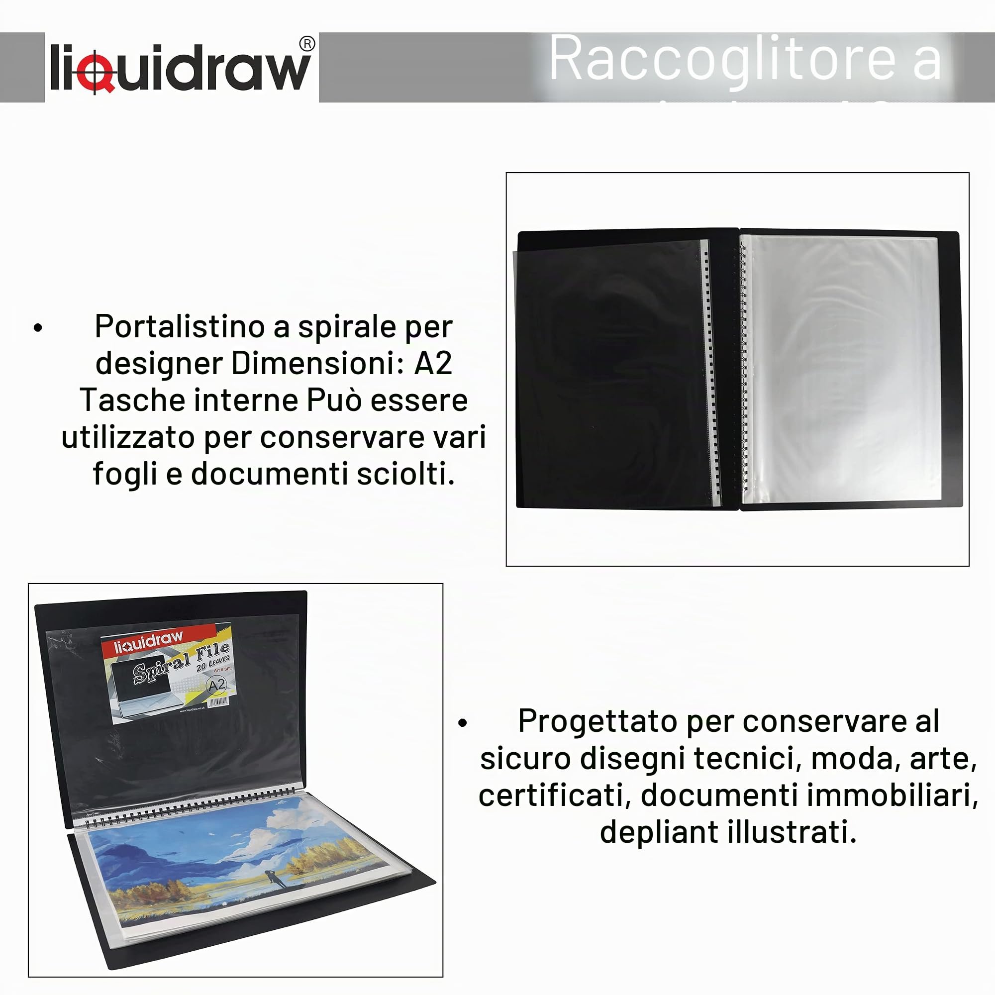 Liquidraw A2 - Custodia a portafoglio per artisti, con 20 inserti, raccoglitore a spirale