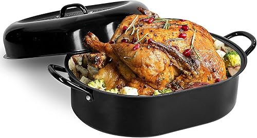 Miniatura 1 de Granitestone Asador de pavo XL de 18.8 pulgadas con tapa, sartén para pavo ultra antiadherente para horno con parte inferior ranurada para untar,