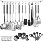 Berglander Kitchen Utensils Set 38 Pieces, Stainless Steel Cooking Utensils Set, Kitchen Gadgets Cookware, Kitchen Tool Set with Utensil Holder Rack and Hooks for Hanging Dishwasher Safe