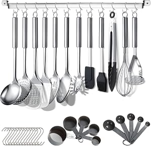 Berglander Kitchen Utensils Set 38 Pieces, Stainless Steel Cooking Utensils Set, Kitchen Gadgets Cookware, Kitchen Tool Set with Utensil Holder Rack and Hooks for Hanging Dishwasher Safe