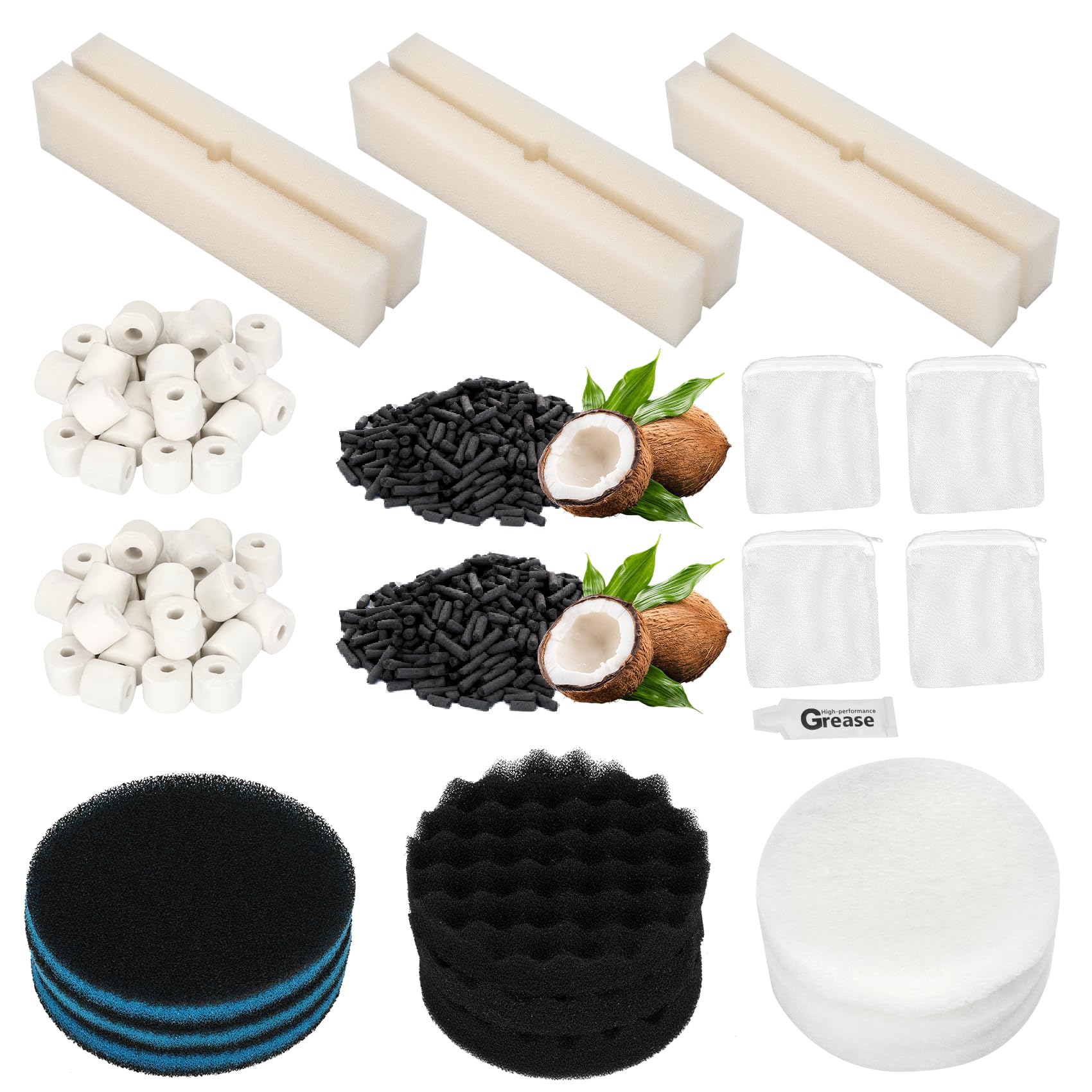 24 filtri Fx6, compatibili con filtri per acquari Fluval FX4/FX5/FX6, tra cui blocco in bio-schiuma, filtro in spugna di carbonio, anello in ceramica, borsa a rete