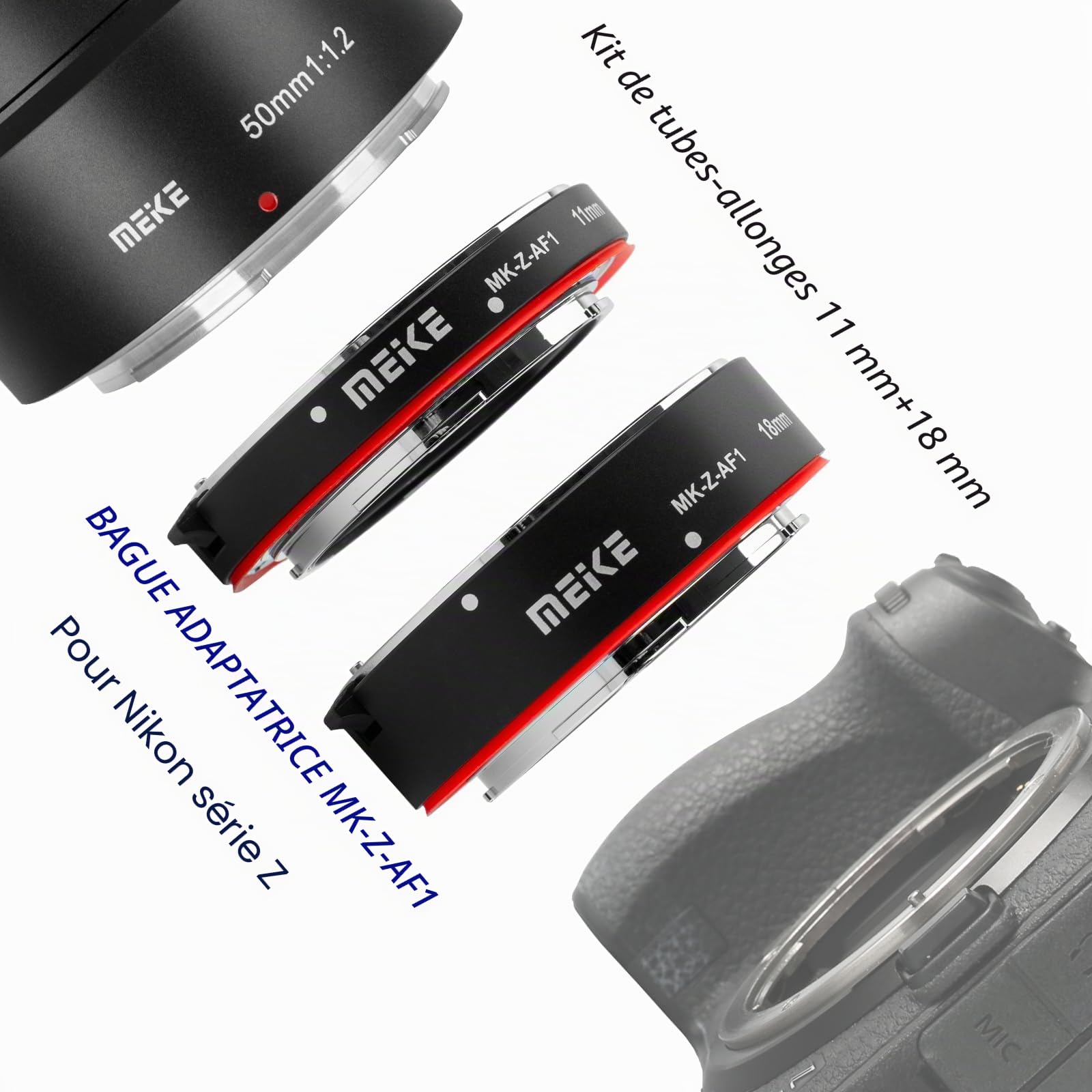 Meike MK-Z-AF1 Bague d'adaptation en métal avec mise au point automatique 11 mm + 18 mm Compatible avec Nikon Z5 Z6 Z7 Z50