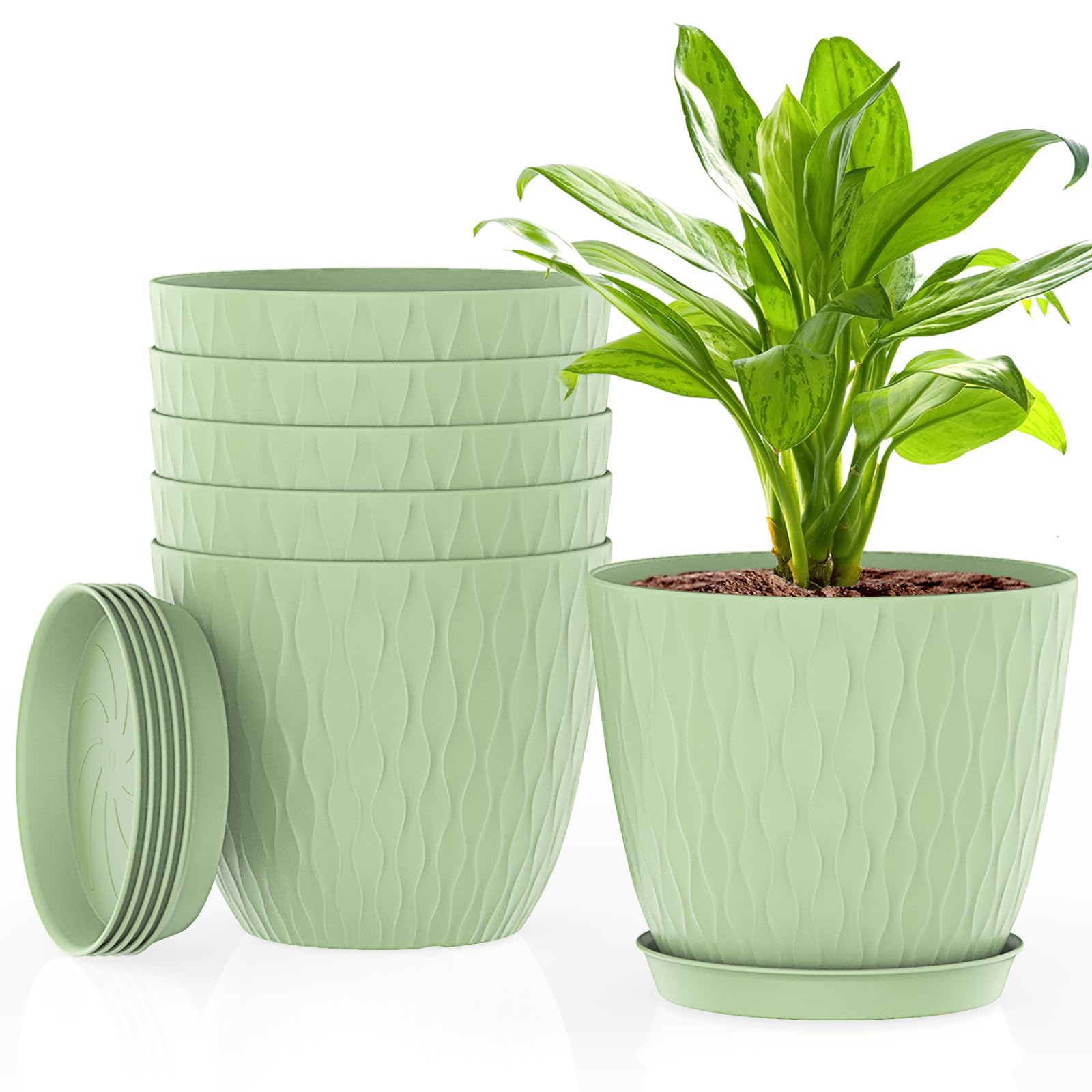 UOUZ 6 Inch Plant Pots, 6 Pack Flower Pots for Indoor and Outdoor Use, Planters with Drainage Holes and Saucers, Green