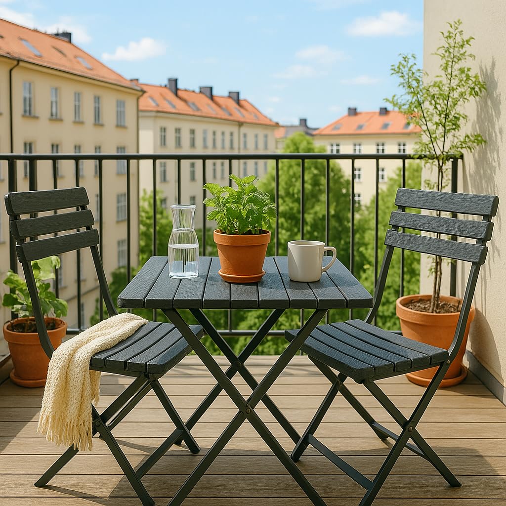 Onbest Balkontisch Set für 2 Personen – 3 teilig – Tisch mit 2 Stühlen – Klapptisch aus robustem Kunststoff in Holz Optik– klappbar – wetterfest – für Balkon, Garten & Terrasse