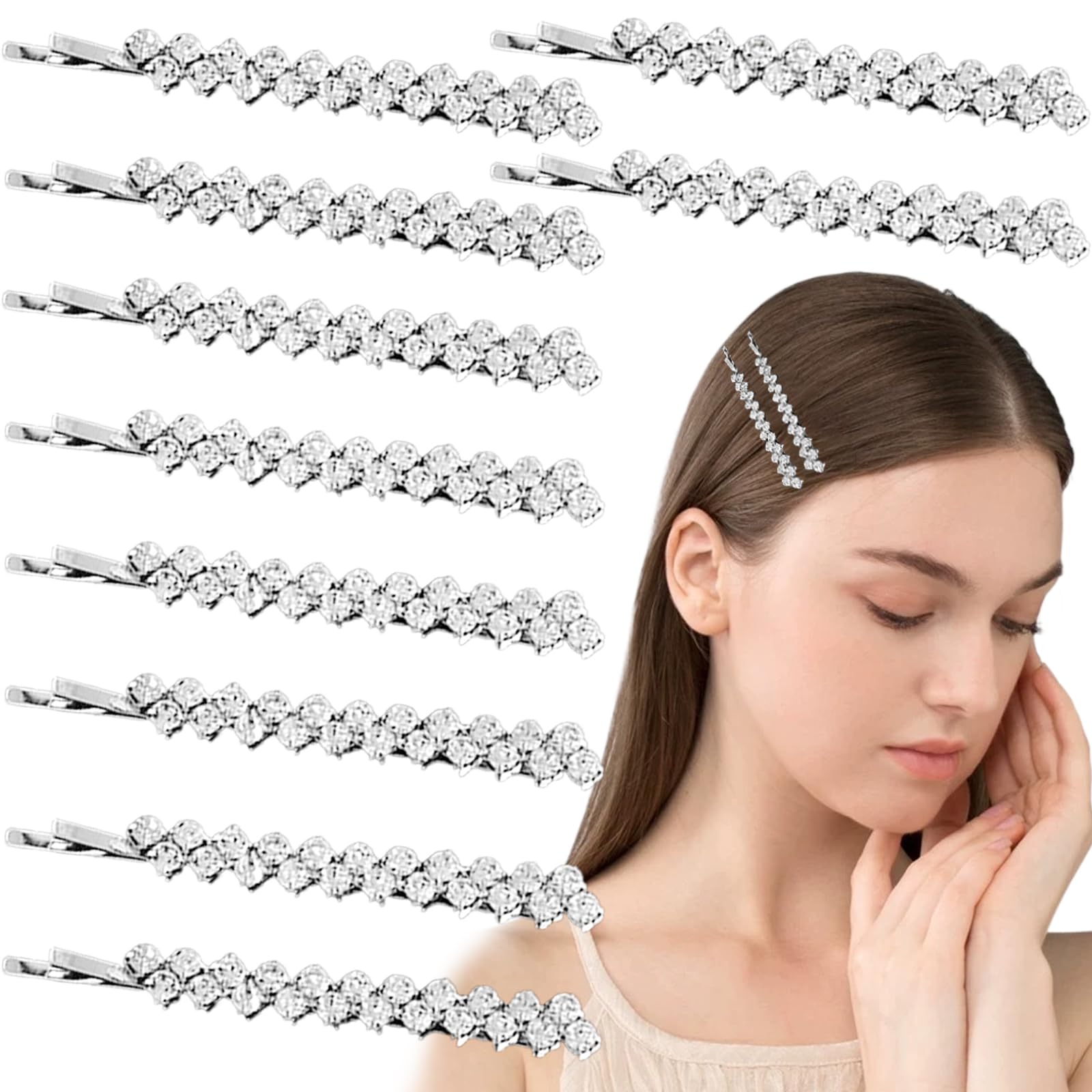10 PCS Rhinestone Bobby Pins Single Row Slim Diamante Metal Hair Clips Bling Crystal Hair Pin Decorations for Brides Women Girls All kinds of hair (10