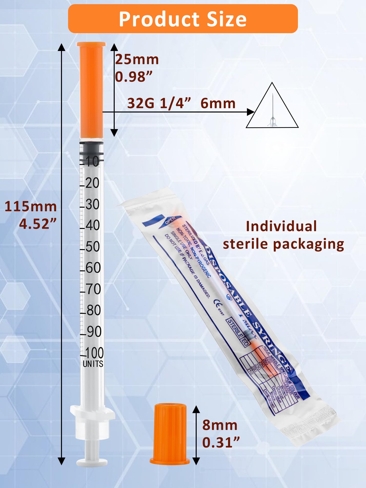 Paquete de 20 jeringas desechables de 1 ml, jeringas de suministros de laboratorio de 32 g, 1 cc, 6 mm, envueltas individualmente