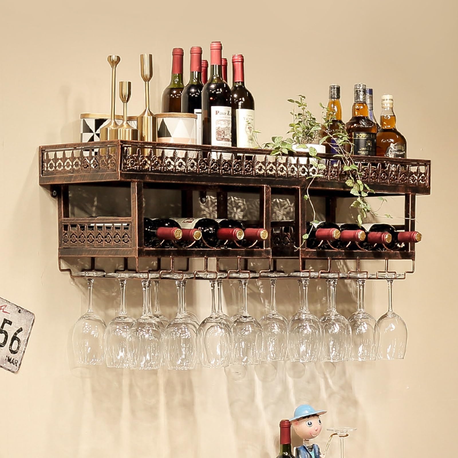 Étagère murale métal pour bouteille de bar et support décoratif de verre à vin
