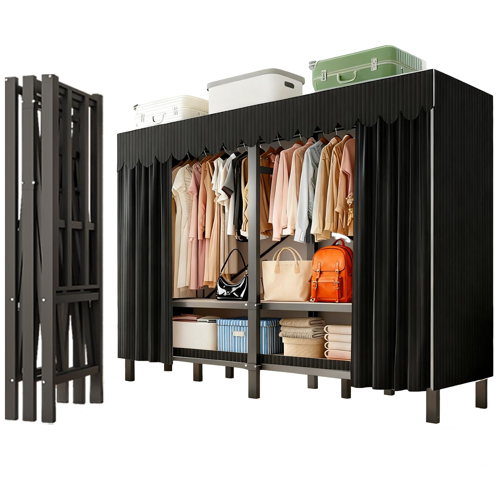 49 2in Heavy Duty Portable Closet Foldable Wardrobe Closet with Cover Metal Clothing Shelves for Clothes Organizers and