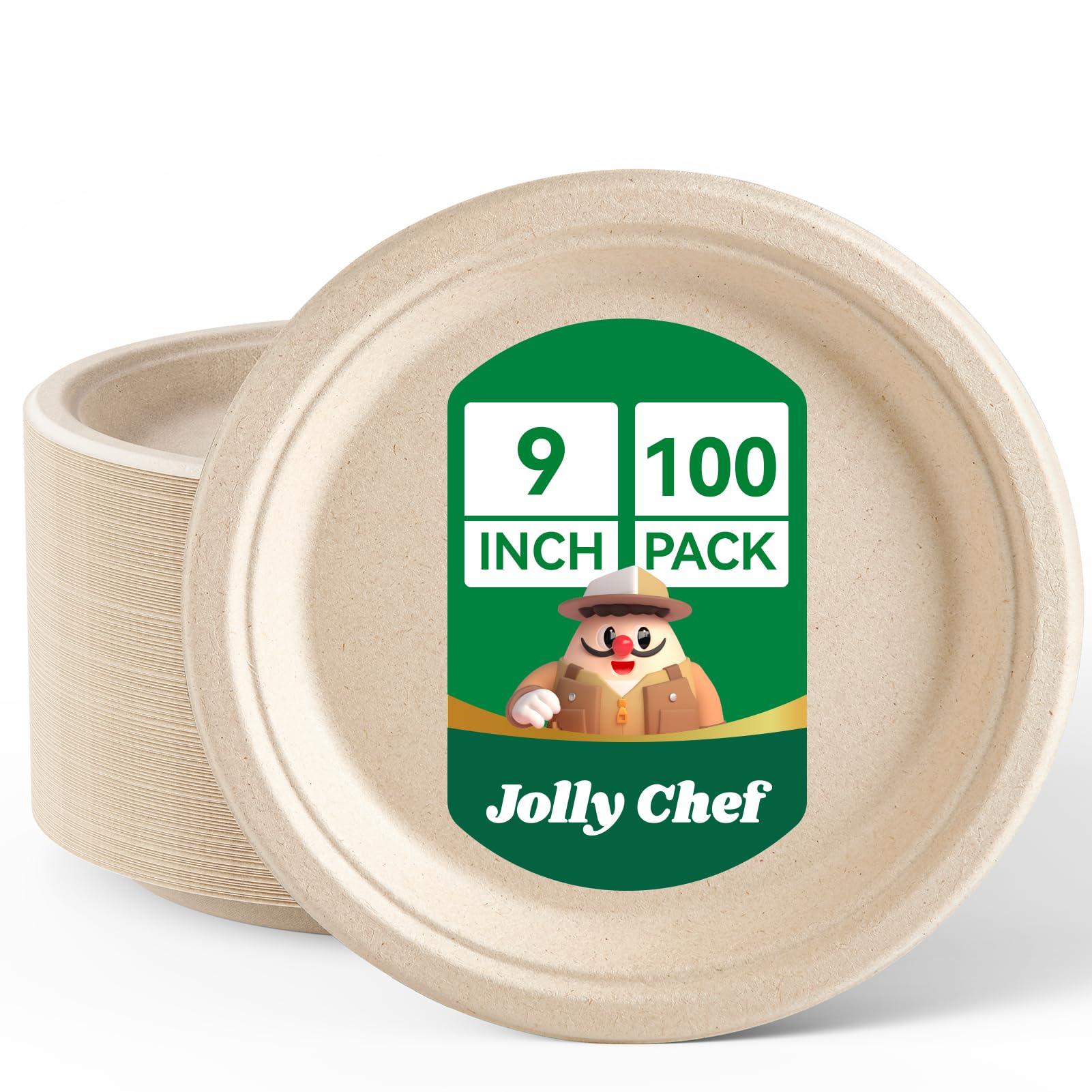 JOLLY CHEF Disposable Paper Plates 100 Pack, Compostable Heavy Duty Sugarcane Plates 9 Inch, Biodegradable Bagasse Plate for Party Dinner (Natural)