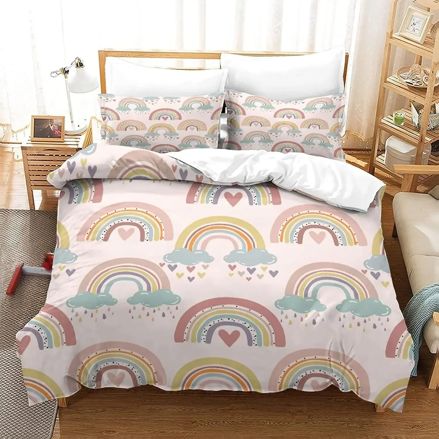 Housse de couette 200x200 imprimé nuages rose et arc-en-ciel en microfibre