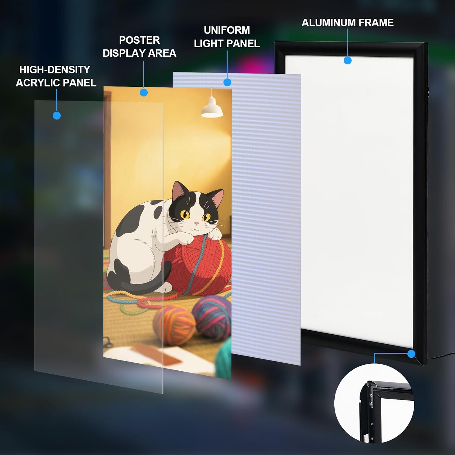 Led Movie Poster Frame with Dimmer, Adjustable Brightness- 24x36, Aluminum alloy Backlit Poster Frame for Posters & Art，LED Light Box For Home Theater Advertisement、Movie Poster Advertising Display