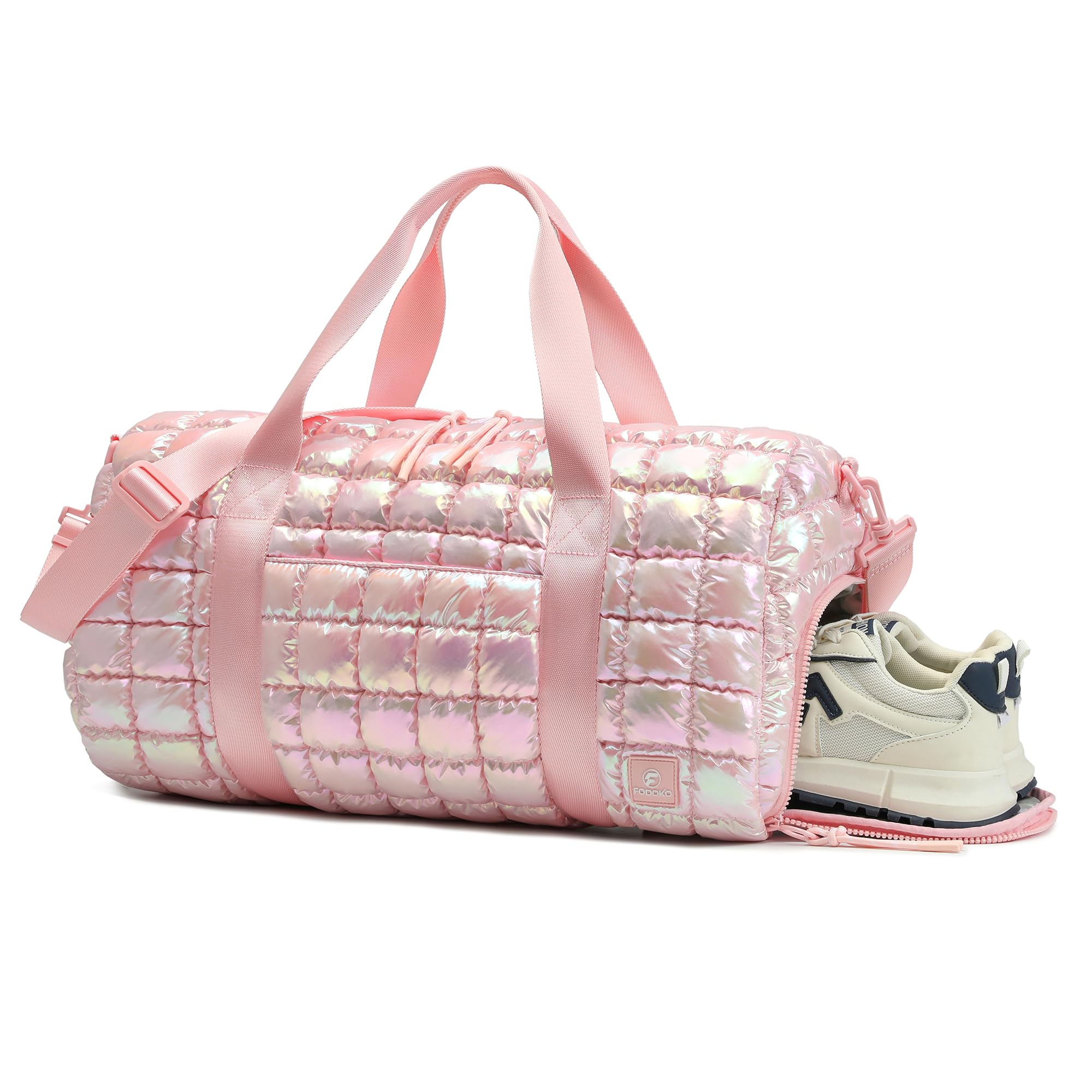 Quilted Duffel Bag for Women, Puffer Gym Duffle Bag with Shoe Compartment Lightweight Large Crossbody Sport Travel Bag Tote Pink Abalone