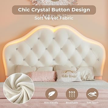 BTHFST Girls LED Twin Bed Frame, Princess Upholstered Adjustable Headboard