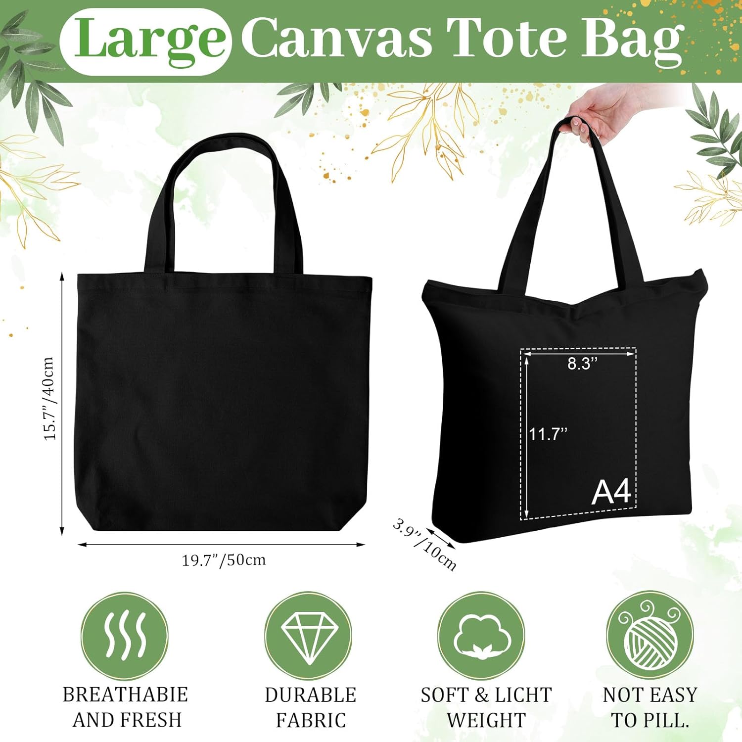 Silkfly 20 Pcs Extra Large Canvas Tote Bags Bulk 19.7x15.8'' Blank Cotton Canvas Bag with Zipper Handles Reusable Plain Grocery Makeup Handbag for DIY (Black) - Image 2