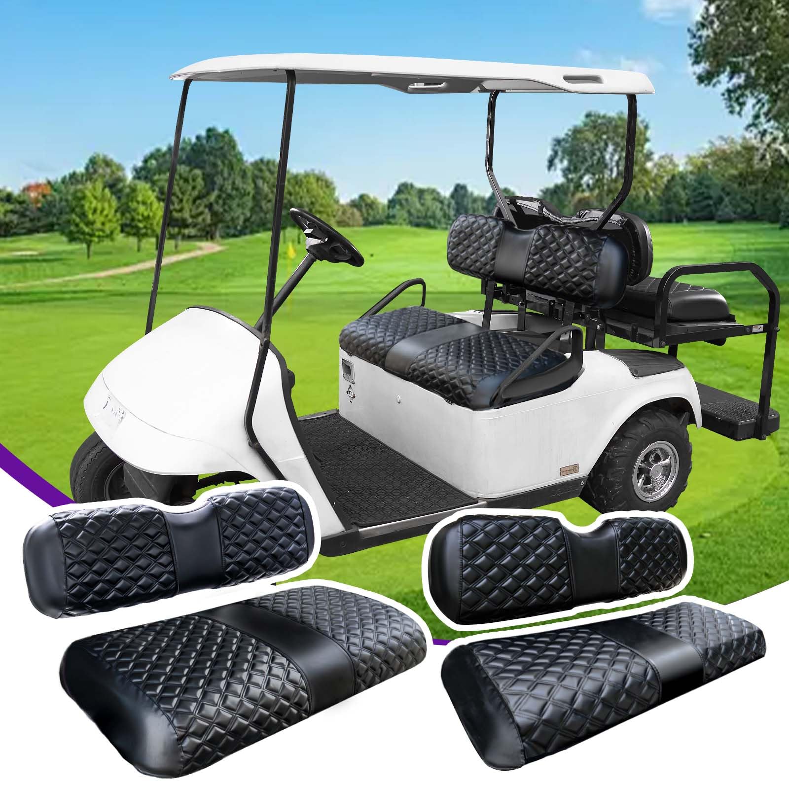 Transverse Diamond Golfwagen-Sitzbezüge-Set, passend für EZGO TXT 1994–2013/EZGO RXV, Vorder- und Rücksitzbezüge, Vinyl-Sitzbezüge, Zubehör, keine Klammern (schwarze und schwarze Nähte), 4