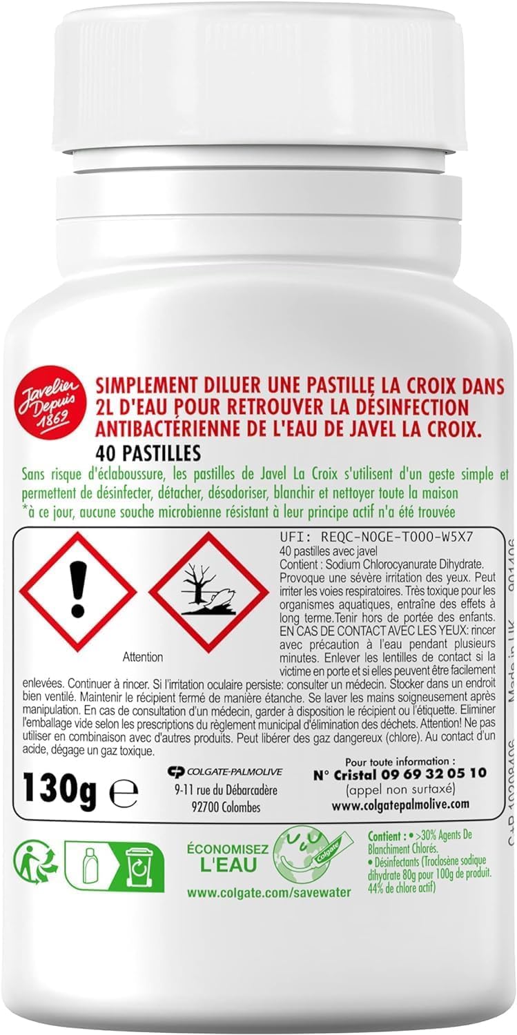 Javel en pastilles La Croix - Boîte de 40 Pastilles - Lot de 8 - Vendu Par Lot - 320 Pastilles