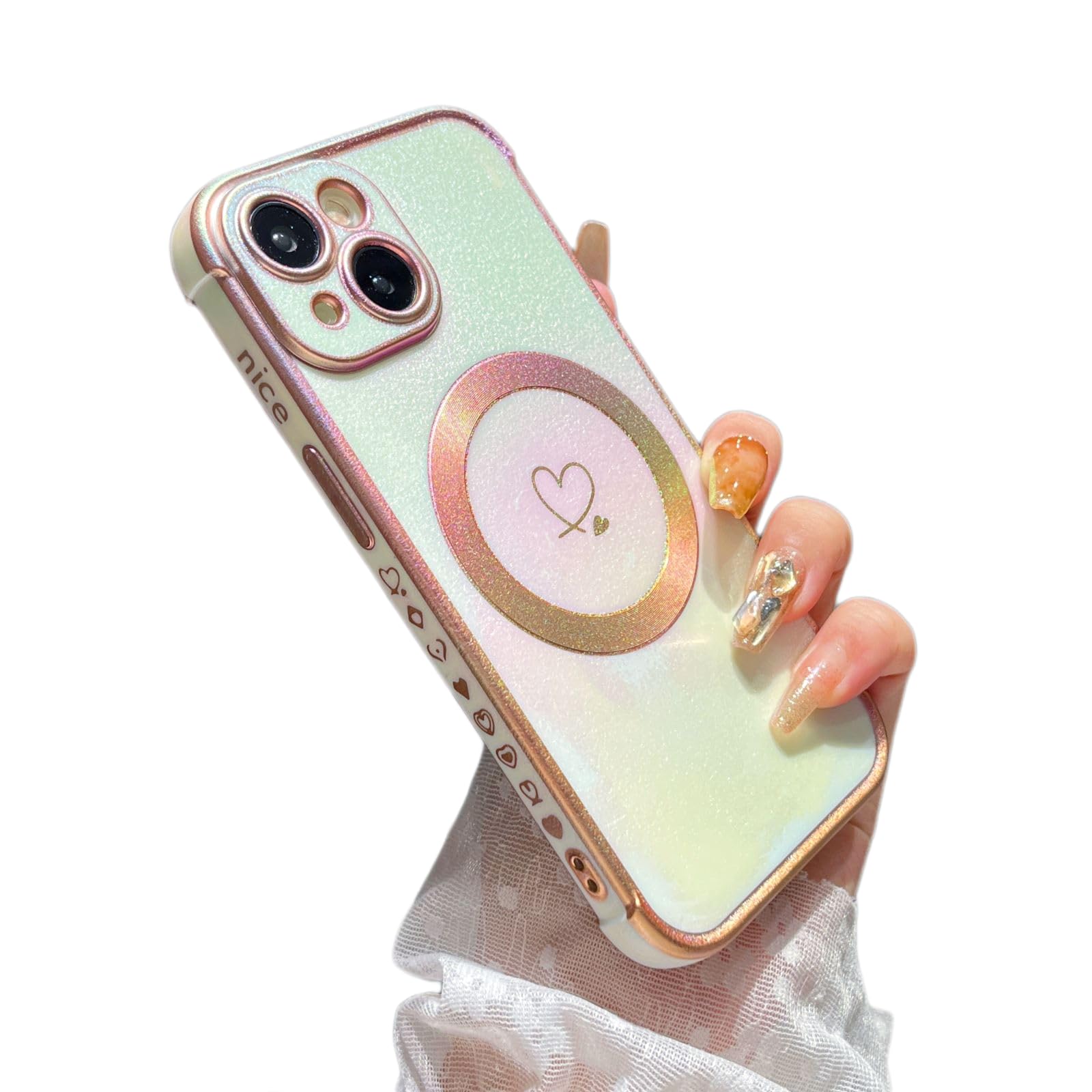 ZTOFERA Magnetic Case for iPhone 13 Case 6.1",Cute Luxruy Iridescent Case with Love Hearts Pattern, Plating Edge Camera Lens Protection Shockproof Phone Cover for Women Girls,Iridescent White