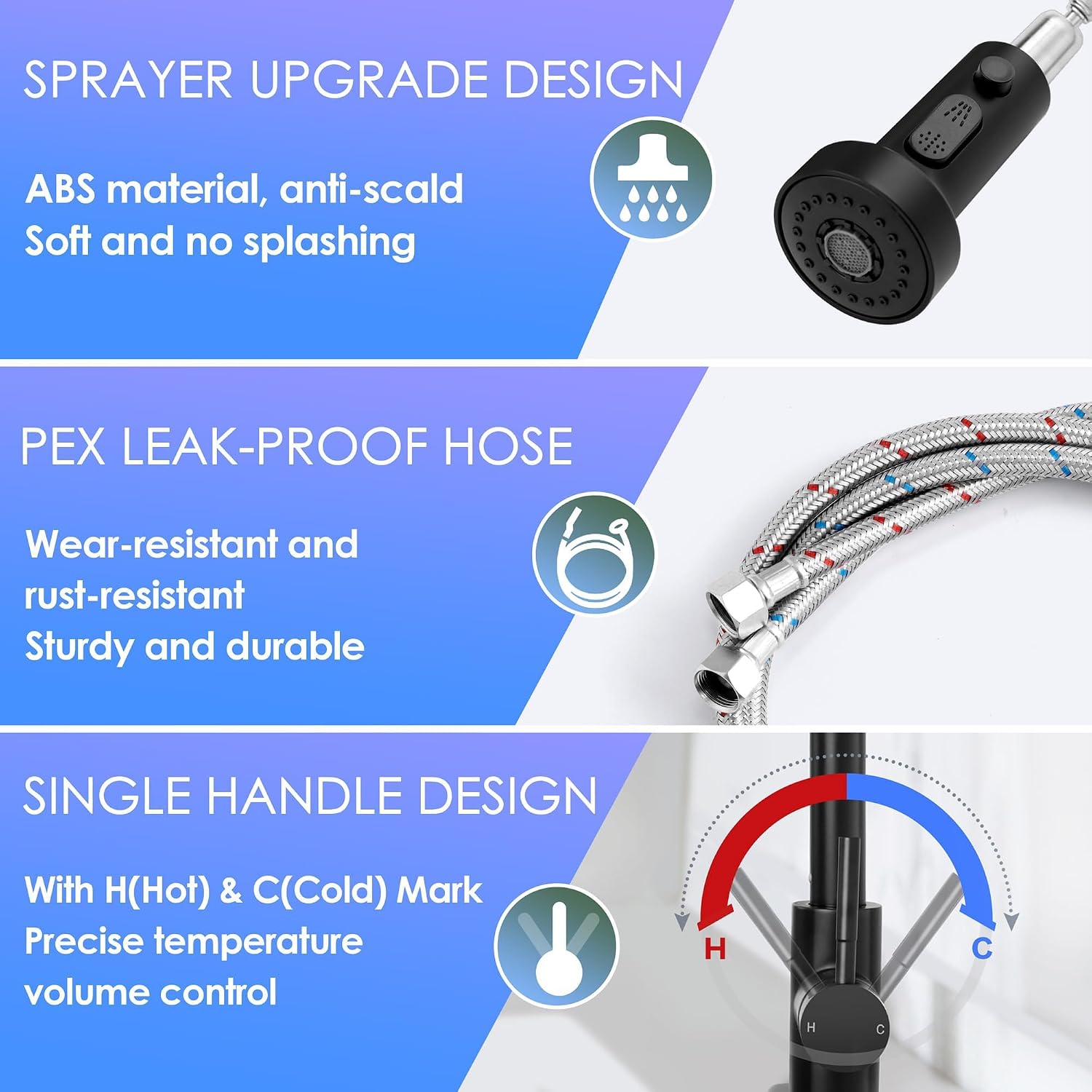 Herogo Kitchen Faucets with Soap Dispenser Matte Black, Stainless Steel Commercial Pull Out Spring Sink Faucets with Pull Down Sprayer 3 Modes for Farmhouse Laundry Rv Wet Bar