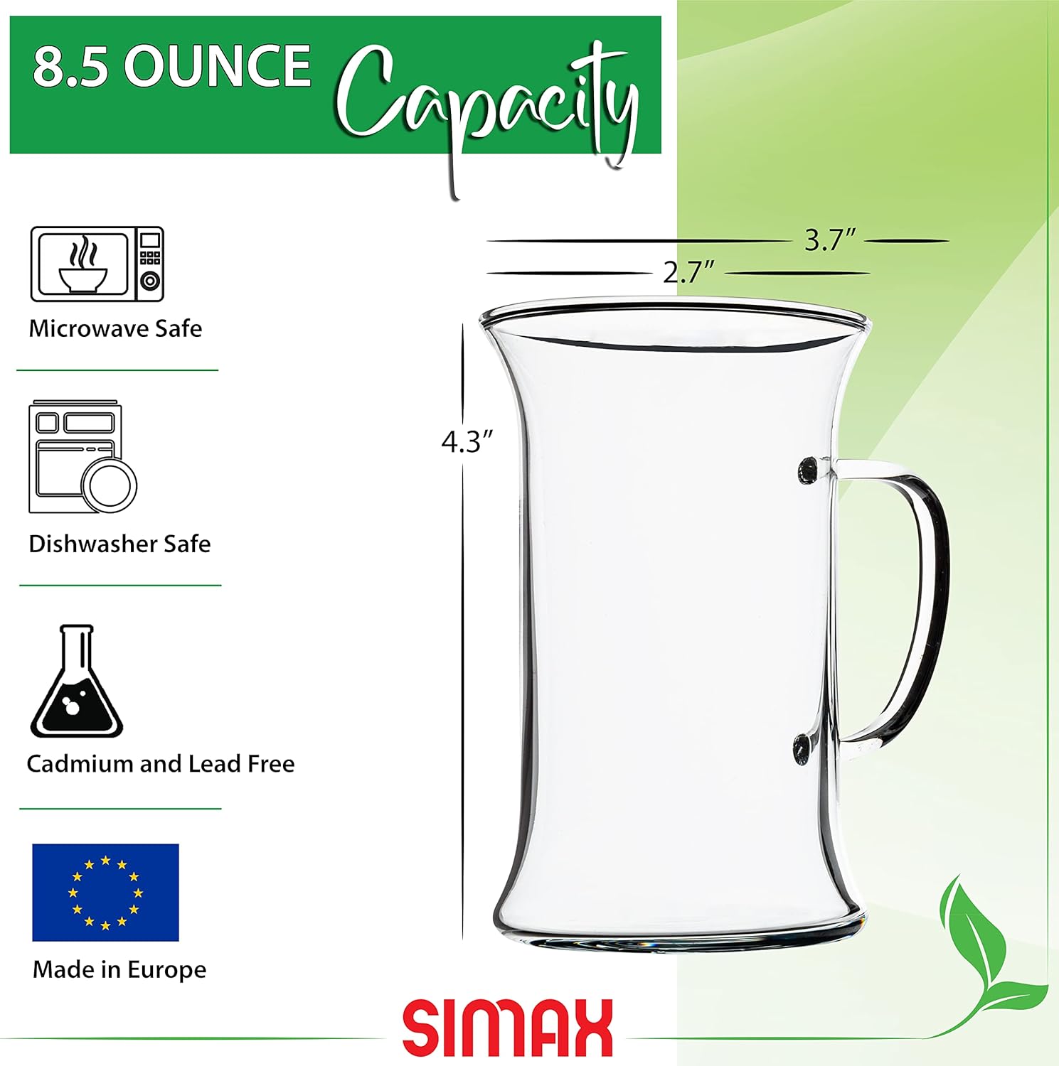 Simax Glassware Irish Coffee Tea Glasses - Cold, Heat, and Shock Resistant Borosilicate Glass, Microwave and Dishwasher Safe, Includes Six (6) 8.5 Ounce Cups