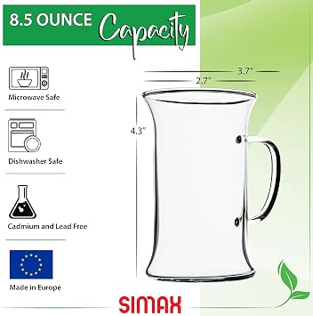 Simax Glassware Irish Coffee Tea Glasses - Cold, Heat, and Shock Resistant Borosilicate Glass, Microwave and Dishwasher Safe, Includes Six (6) 8.5 Ounce Cups