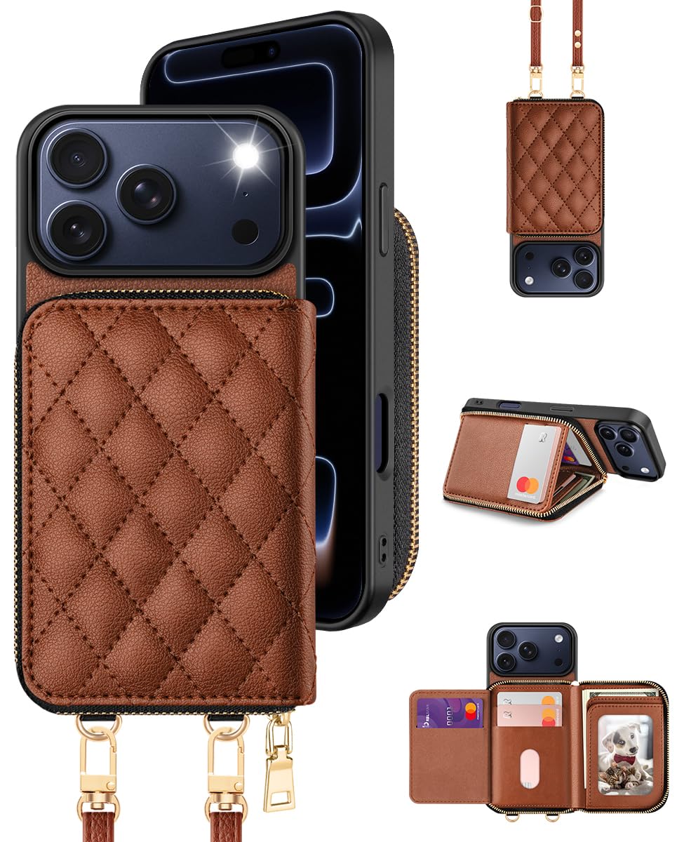 Photo 1 of OCASE Compatible with iPhone 17 Pro Max Crossbody Wallet Case with Card Holder, PU Leather Zipper Handbag Phone Purse with RFID Blocking Kickstand Wrist Strap Lanyard 6.9 Inch, Diamond Check Brown
