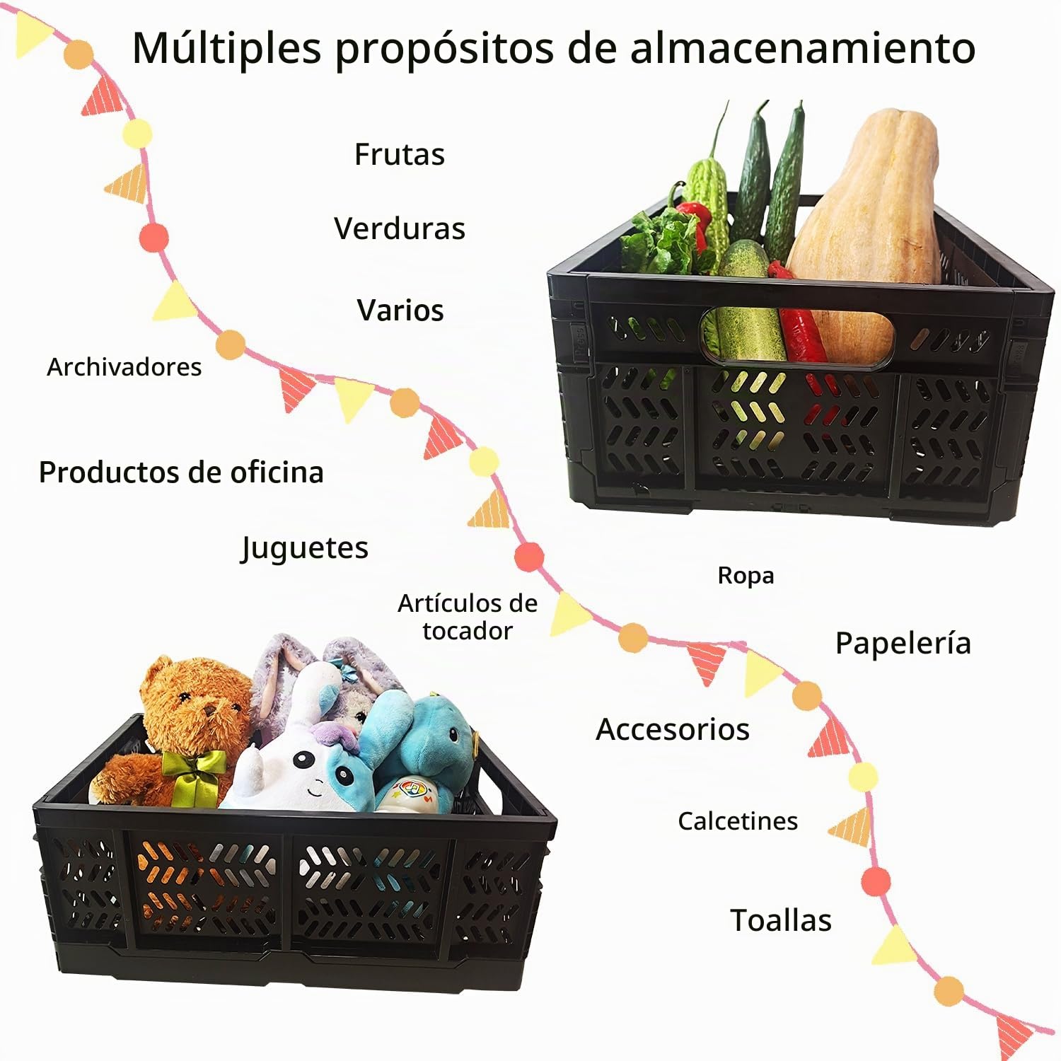 Cajas de almacenamiento de plástico plegables para el hogar, cocina, oficina, alimentos, frutas, verduras, aperitivos, botellas, juguetes, despensa (4 unidades)