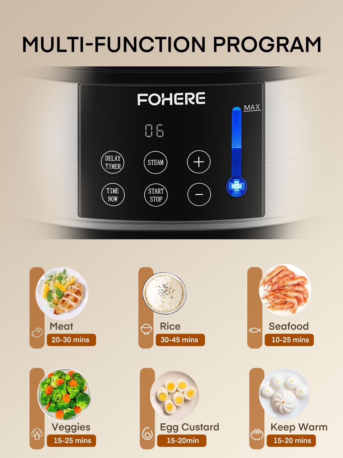 Vaporizador de alimentos para cocinar, vaporizador de verduras de 13.7 cuartos de galón con cestas apilables de 3 niveles sin BPA, olla de vapor eléctrica de 800 W, temporizador de inicio de 3