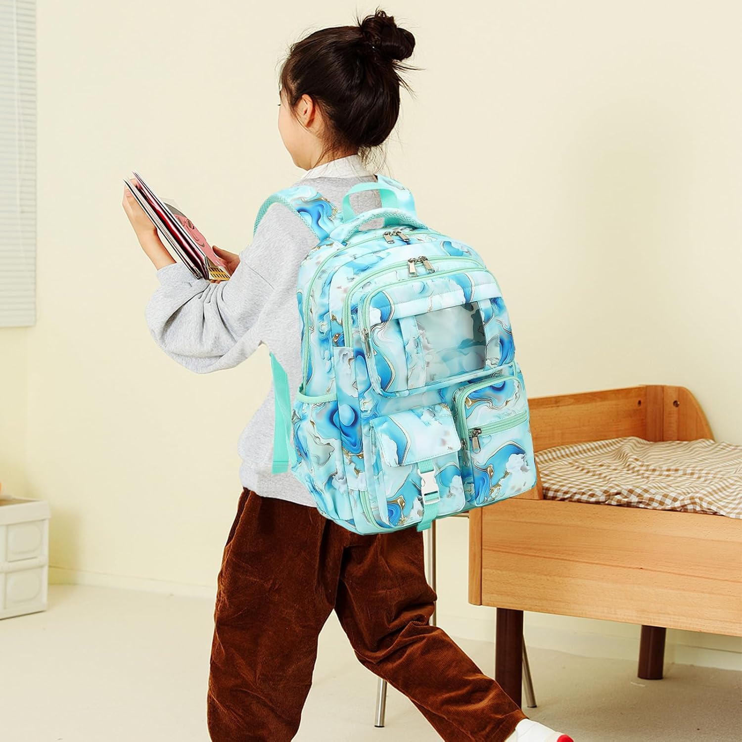 Marble Backpack for Girls Refrigerator Door School Bag for Kids Teen Women Casual Travel Daypacks (Green)
