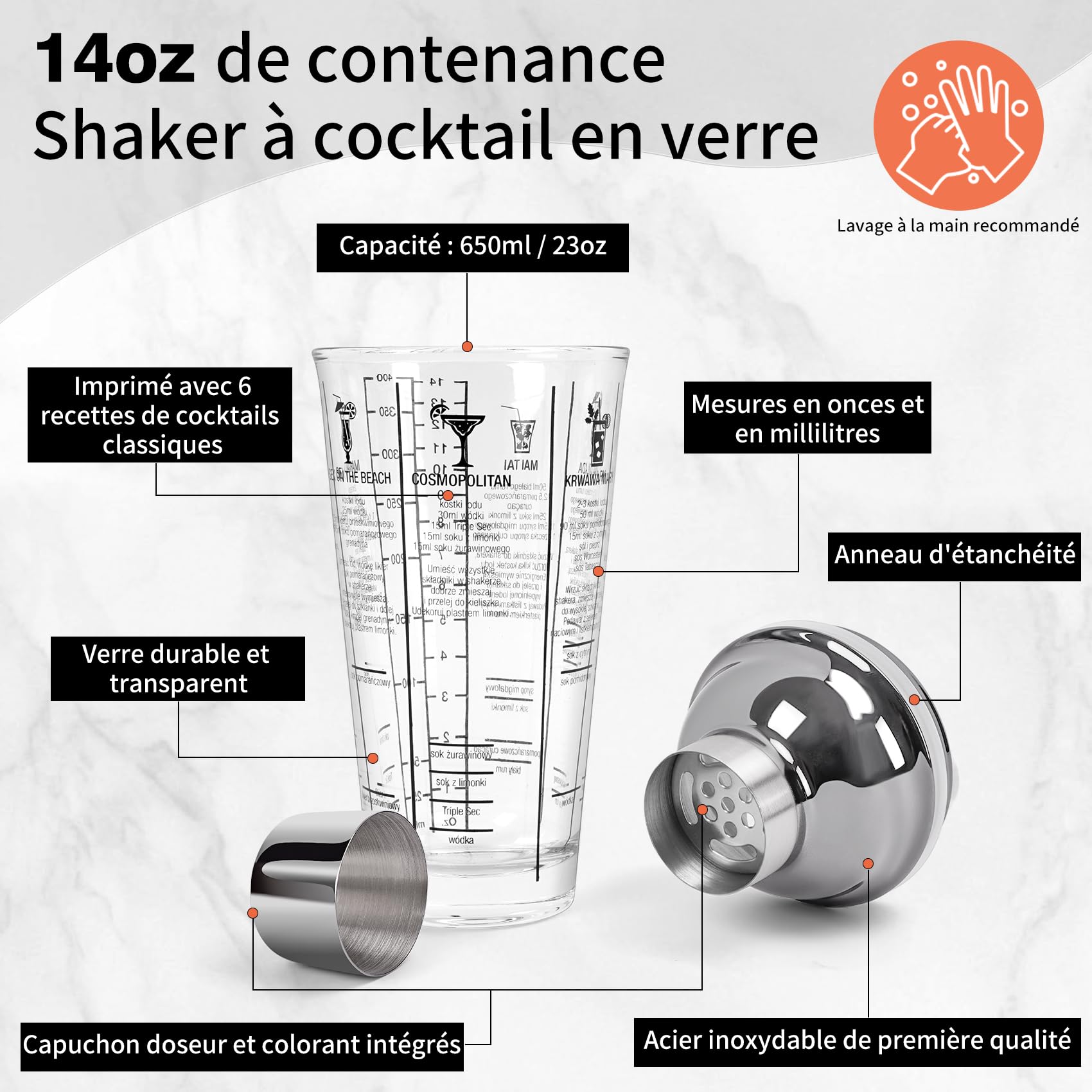 Cocktail Shaker 14oz Glass Shaker Set, 6PCS Bartender Kit, Mélangeur à Martini avec passoire pour Barman, Un Ensemble d'outils de Bar Professionnel pour Les barmans et Les débutants.