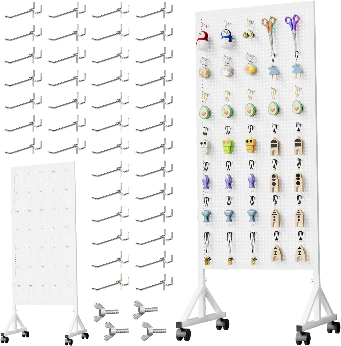 Metal Pegboard Display Stand 2 x 4.9 Feet, Adjustable Height with 40 Peg Board Hooks and Wheels, pegboard display rack, Craft Display Rack, Retail Display Rack, Garage Peg Board, Pegboard 2 x 4.9 (Feet) White
