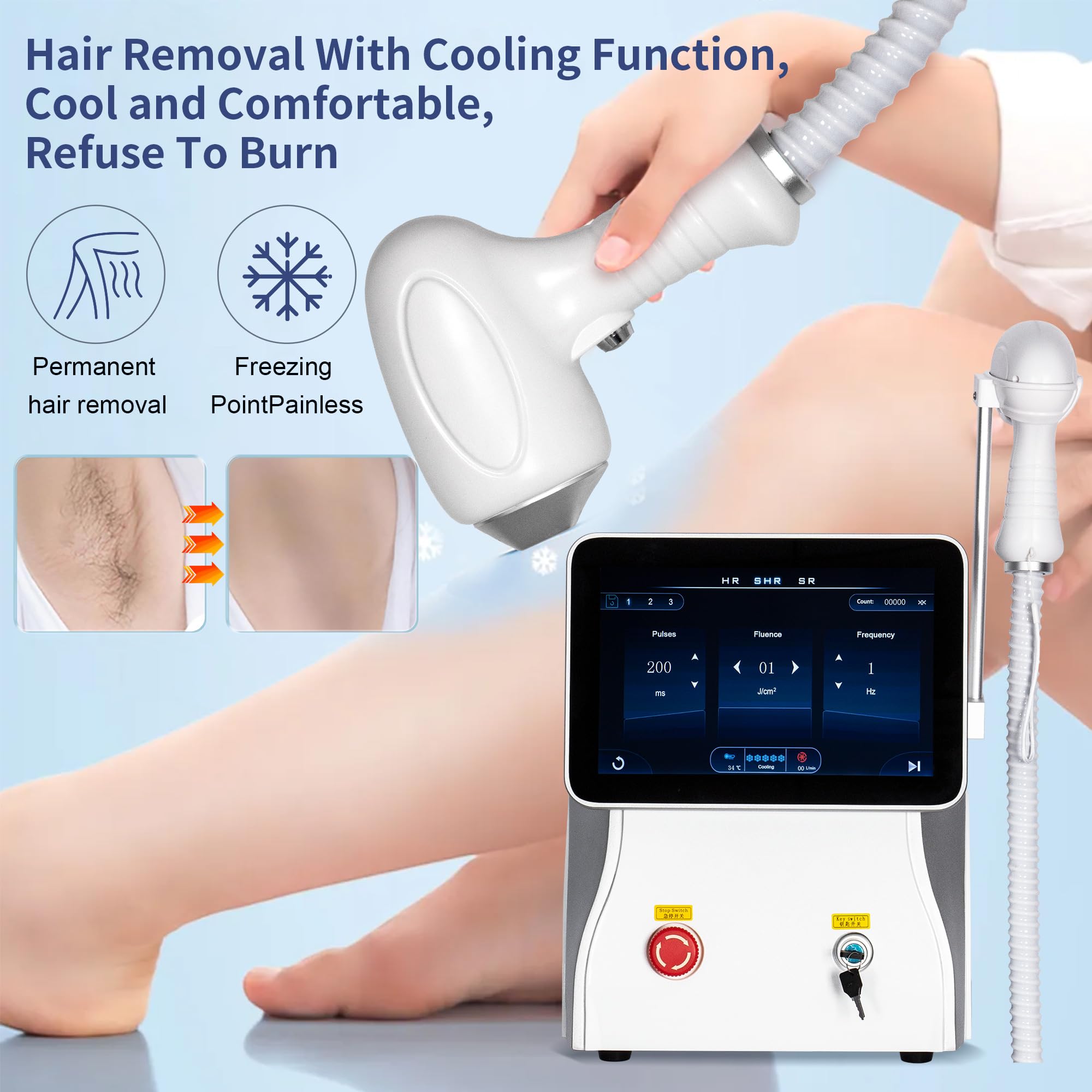10 Bars, Depilatore Laser a Diodi Indolore, Tecnologia di Raffreddamento Integrata, 3 Lunghezze d'Onda (808nm/755nm/1064nm), Per Viso e Corpo, Bianco