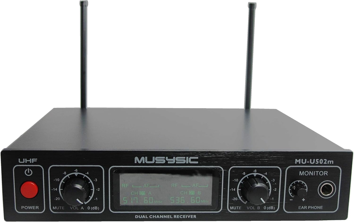 MUSYSIC Professional Dual Channel UHF Wireless Microphone System MU-U502m-HL with Handheld & Lapel Lavalier Headset Microphone & Monitor Output (FCC Compliance) (1 Bodypack + 1 Handheld Mic)